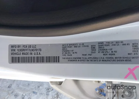 2020 Ram 1500 Big Horn 4X4 5'7 Box z USA, uszkodzony, nr VIN 1C6SRFFT7LN370170